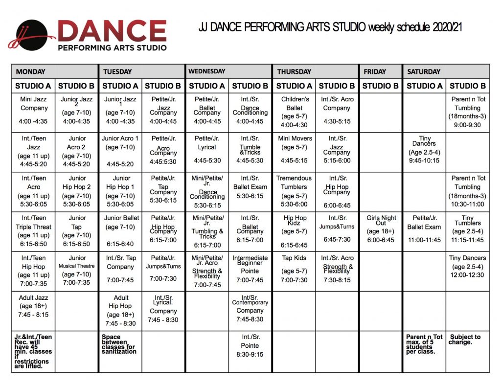 Weekly schedule 2020/21 JJ DANCE Performing Arts Studio